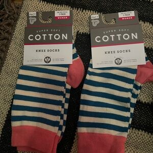2 pairs Pact Women's Striped Blue and Pink Knee Socks